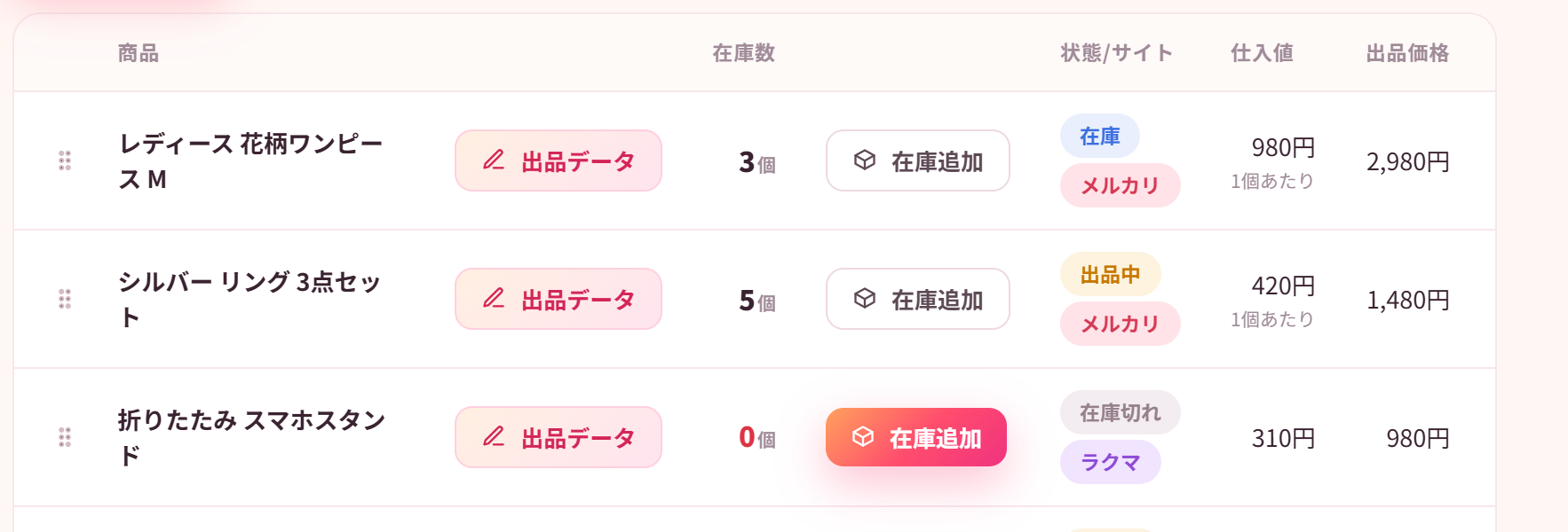 セラポケの在庫管理。商品ごとに在庫数・状態・仕入値・出品価格が並ぶ